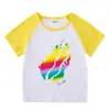 2023 Novas roupas infantis, camiseta de manga curta para crianças, verão, meninos e meninas, camisa de base raglan, camiseta de meia manga para bebês, top infantil