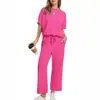 Conjunto europeo y americano transfronterizo de mujer de manga corta: camiseta de cuello redondo con hombros caídos y pantalones rectos con cordón, conjunto casual de dos piezas