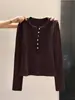 Camiseta de Manga Larga con Cuello Henley Abotonado Estilo Bm para Mujer, Otoño/Invierno/Primavera, Cachemira Sintética, Corte Ajustado, Top Elástico, Ropa Interior