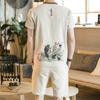 Traje de hombre, camiseta de manga corta de algodón y lino, talla grande, estilo chino, juvenil, con hebilla, pantalones cortos estampados de talla grande, traje moderno.