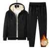 Conjunto de Duas Peças Cardigan Novo 2024 Inverno Forrado com Lã Espessado com Capuz Quente Terno Esportivo Casual Masculino