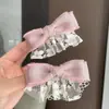 Pinza de Presión de Tela Rosa con Lazo para Niña Princesa Pin de una Palabra Falda de Malla Lindo Borde Lolita Accesorios para el Cabello para Mujeres