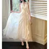 Elegante vestido floral de cuello halter estilo francés para mujer, vestido de hada para vacaciones, vestido largo transparente elegante, vestido de compromiso