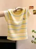 Conjunto coreano de alta gama para talla grande de 100 kg, camiseta de seda helada de manga corta para mujer, top juvenil a rayas bordado de verano