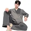 Pijama Masculino 100% Algodão Primavera e Outono Novo Estilo Manga Longa Calça Longa Cardigã Gola Lapela Moda Estilo Coreano Roupa de Casa Roupa de Fora