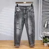 Moda de Luxo Primavera e Verão Calças Jeans Rasgadas Cinza Chumbo Confortáveis Retrô Cropped Afuniladas Elásticas Masculinas Novidades