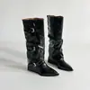 Botas Chunky para Mujer Estilo Moda Manga con Hebilla 2026 Otoño/Invierno Botas de Cuero de Caña Alta Tacón de Cuña Punta Fina Adelgazante Botas de Montar