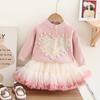 Meninas camisola cardigan + malha pettiskirt vestido de princesa meninas novo de malha de pêssego coração de manga comprida casaco de manga ocidental
