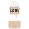 Estilo de Rua Transfronteiriço Garota Americana Hot Sexy Estilo Praia Conjunto de Biquíni Conjunto de Top Cropped com Estampa de Letras Retrô Shorts