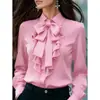 Tops de AliExpress, nuevas camisetas transfronterizas, tops de manga larga con corbata de lazo, moda casual europea y americana para mujer