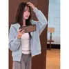 Top casual corto azul para mujer, cárdigan de punto de manga larga con cremallera para otoño, holgado y adelgazante, chaqueta sudadera con capucha estilo coreano