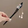 Grampo de Cabelo Clássico com Borla de Folha de Ginkgo Novo Estilo Chinês Grampo de Degraus de Imitação de Ébano Estilo Antigo Acessórios para Cheongsam Dinastia Han Grampo de Cabelo