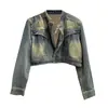Chaqueta de mezclilla estilo retro americano con hombros rectos para mujer, adecuada para principios de primavera y otoño, diseño corto para figuras petite, top chaqueta versátil