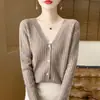 Cárdigan de punto grueso suelto estilo francés, top coreano de cuello en V adelgazante, prenda exterior niche de manga larga, suéter abrigo corto para mujer