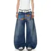 Jeans reto azul vintage lavado estilo americano, nova coleção de primavera, corte solto, efeito emagrecedor, tecido fluido, calça wide leg, moderno
