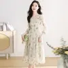 Nuevo Vestido Floral Francés de Primavera, Nuevo Vestido de Otoño con Mangas Abullonadas, Elegante Vestido Largo Adelgazante que Ceñe la Cintura