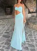 Marca Independente Vestido Longo Sexy com Alças Finas Vazado Fenda Moda Europeia e Americana Feminina Cor Sólida Slim Fit Tubinho Cintura Alta 8111