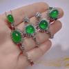 Plata 925 chapada con calcedonia verde hielo alto engastada, juego de calabaza, aretes de ágata, anillo, jade, juego de joyas de tres piezas, regalo