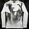 Camiseta Longa Estampada Estilo Dark Y2K com Design Vintage Desgastado em V, Subcultura High Street Americana Manga Longa Atacado
