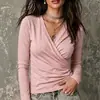 2026 Amazon Europa y América Transfronterizo Otoño Nuevo Estilo Ropa para Mujer Cuello en V Cruzado Mangas Largas Plisada Camiseta Top Casual Mujer