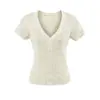 Camiseta de punto allure pura con cuello en V, botones, huecos y manga corta, nuevo top básico de color liso ajustado de moda de verano