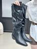 Botas Femininas de Salto Grosso Marrom Retro de Pelo na Altura da Panturrilha Sapatos 2025 Outono e Inverno Bico Fino Botas Western Cowboy