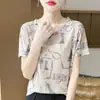 26 Verão Novo Estilo Coreano Lyocell Gola Redonda Malha Manga Curta Camiseta com Estampa de Borboleta Versátil Top Feminino