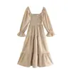 Agora 2024 Estilo Europeu e Americano Feminino Novo Vestido Xadrez Cáqui Elástico e Elegante Saia Longa 9465