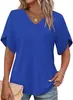Camiseta Casual Feminina Primavera e Verão Amazon Roupas Europeias e Americanas Nova Gola V Pulôver Pulôver com Manga de Pétala para Mulheres