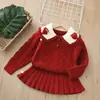 Conjunto de Suéter para Niñas Aekyung Ropa Infantil 2026 Abrigo Hecho a Mano con Solapa de Flor Conjunto de Dos Piezas de Punto para Niña Pequeña