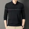 Camiseta de manga larga de primavera para hombre con cuello, ropa para hombres de mediana edad y mayores, top con bolsillo real, polo a rayas