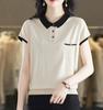 Comércio Exterior Gola Boneca Top Seda Gelo Feminino Verão Fino Elegante Cor de Contraste Solto Camiseta Manga Curta Estilo Ocidental Redutor de Idade Camisa Tricotada