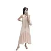 Vestido Longo Rosa Doce de Alta Qualidade com Amarração no Pescoço para Mulheres, Novo Estilo Francês Solto Estilo Férias Verão 2026