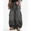 Jeans masculino moderno estilo americano, com múltiplos bolsos e pernas curvas, estilo retrô high-street, corte solto, versátil, casual, pernas largas, calça de trabalho
