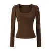 Top Sexy para Chica Popular con Cuello en U Profundo y Mangas Largas Otoño Temprano Nuevo Alta Elasticidad Hombro Derecho Camiseta Estiliza la Figura Cintura Camiseta Básica