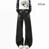 Jeans Retrô Americano Estampa Osso de Cobra Cor Crua Design para Homens e Mulheres Senso de Design High Street Reto Solto Calça de Perna Larga Preta