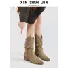 Botines finos de punta para mujer de piel de vaca, botines cortos de otoño/invierno, botas de montar retro de tacón grueso, botas western holgadas arrugadas