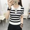 Camiseta de Manga Curta para Mulheres 2026 Novo Estilo Elegante Gola Boneca Top Curto Tricotado para Mulheres Verão Camisa Básica de Seda de Gelo