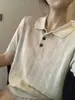 Camiseta de Punto de Manga Corta con Cuello Camisero Reversible de Lino y Seda Hielo Estilo Francés para Mujer, Verano 2025, Top Polo Elegante Versátil de Corte Ajustado