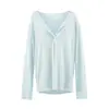 Lyocell Tencel Levemente Transparente Gola V Manga Longa Proteção Solar Saída de Praia Camiseta Feminina Primavera 2026 Novo Soltinho Casual Pequeno Top