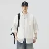 Camisa Masculina Casual de Verão em Tencel Lavado Vintage, Manga Três Quartos, Corte Solto Simples, Tendência da Moda