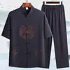 Traje Tang de Verão para Homens, Meia-Idade e Idosos, Conjunto de Camisa Fina de Seda Gelada de Manga Curta, Gola Alta, Caimento Solto, Roupa de Pai de Alta Qualidade para Homens