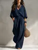 Conjunto de Lino Bohemio Europeo y Americano para Vacaciones Manga Corta con Escote en V Profundo Pantalones de Pierna Ancha Holgados Casual Conjunto de Dos Piezas Ropa de Mujer Transfronteriza