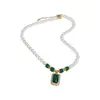 Sensación Antigua~Collar de Zirconia Cuadrada Esmeralda y Perlas, Cadena para Clavícula Estilo Palacio Retro, Joyería de Lujo Ligero y de Alta Gama