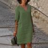 Amazon Europeo y Americano Otoño Algodón y Lino Pequeño Cuello en V Costuras Retro Color Sólido Manga Siete Puntos vestido Tejido de Lino y Algodón para Mujer
