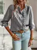 2025 Nuevo Cárdigan de Cuello Alto Europeo y Americano Transfronterizo para Otoño con Borde de Hongo y Manga Larga Fruncida Blusa de Burbuja Camisa para Mujer