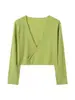 Top de punto cropped de manga larga con cuello en V cruzado para principios de otoño, cintura alta, diseño cruzado en la cintura, para mujeres petite