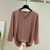 Camiseta modal de tres cuartos estilo coreano para mujer, prenda interior de otoño, camiseta básica ajustada con cuello en V, top liso holgado y versátil