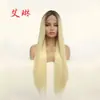 Peruca de Fibra Química Front Lace Meio Feita à Mão Moda Europeia e Americana Gradiente Castanho Escuro Dourado Claro Cabelo Longo Liso Shun