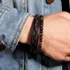 Pulseira Masculina de Pedra Olho de Tigre Natural Mais Vendida no Exterior Pulseira de Couro PU Multicamadas Retro Tecida à Mão com Contas em Estoque